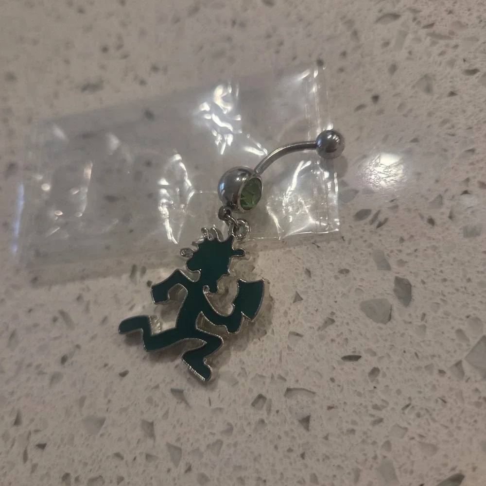 Dark Green Hatchetman Belly Button Ring With Light Green Gem Sparkle Icp Juggalo